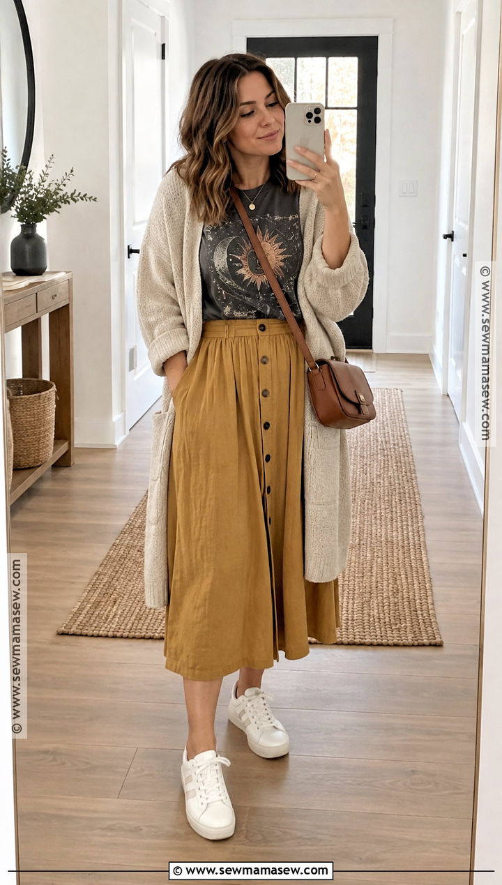 Mustard Skirt With Graphic Tee And Long Cardigan - 15 mustard skirt outfit fall ideas