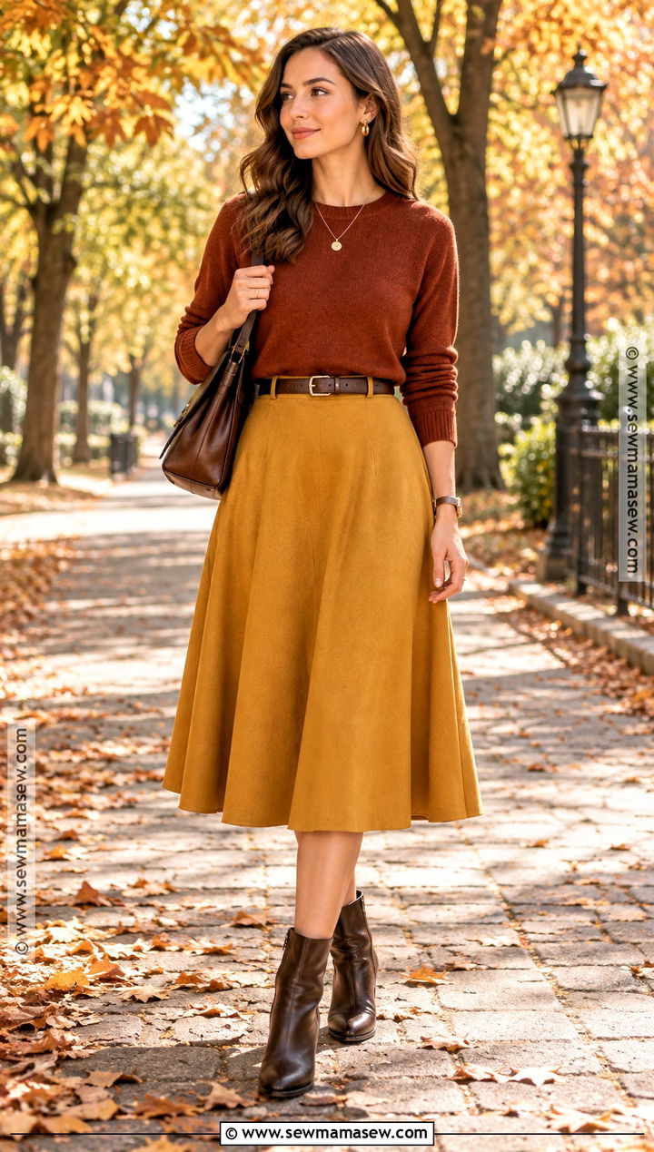 Mustard Skirt With Rust Sweater And Brown Boots - 15 mustard skirt outfit fall ideas