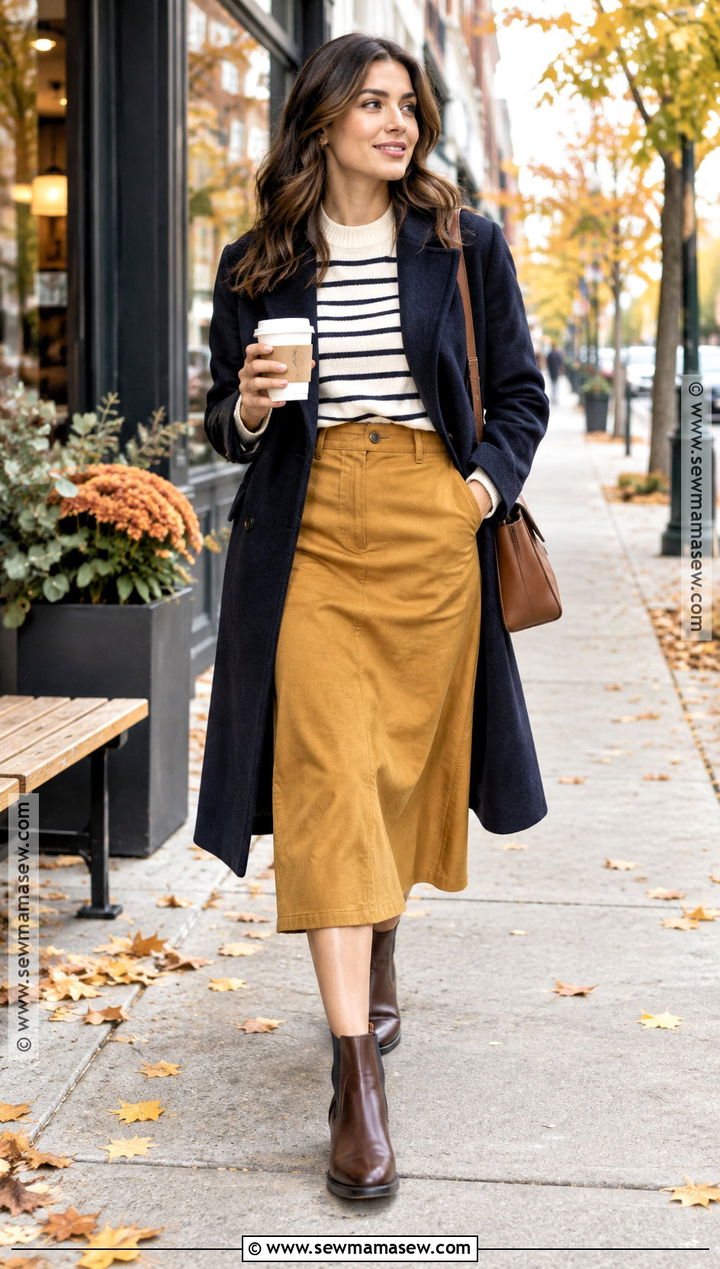 Mustard Skirt With Striped Sweater And Chelsea Boots - 15 mustard skirt outfit fall ideas