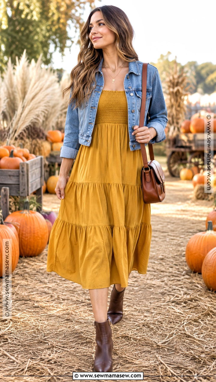 Mustard Smocked Dress With Denim Jacket - 15 Autumn Pumpkin Dress Ideas