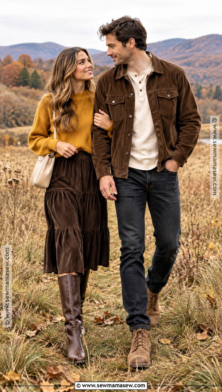 Mustard Sweater And Brown Corduroy Fall Couple Outfit - 20 fall pictures for couples outfits