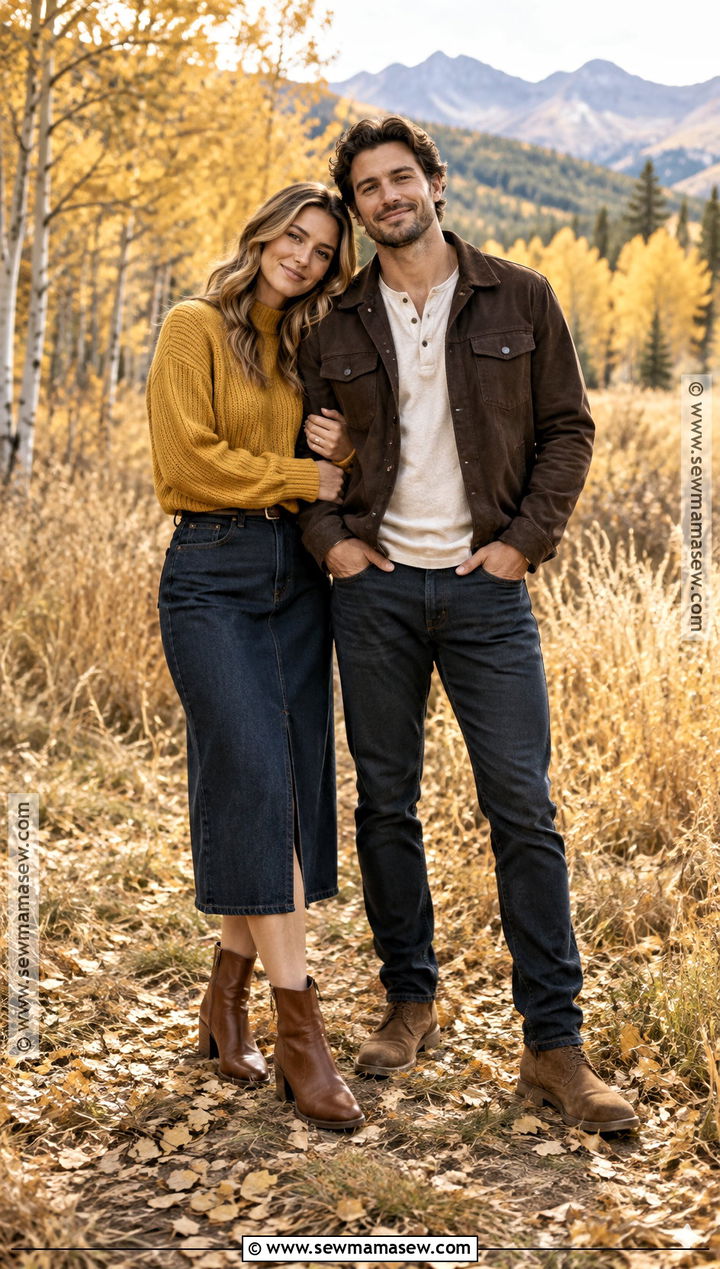 Mustard Sweater And Brown Jacket Couple Outfit - 20 fall couple photoshoot outfit ideas