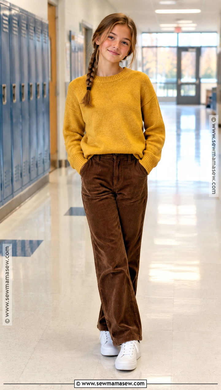Mustard Sweater And Brown Pants School Photo Outfit - 15 fall school photos outfits