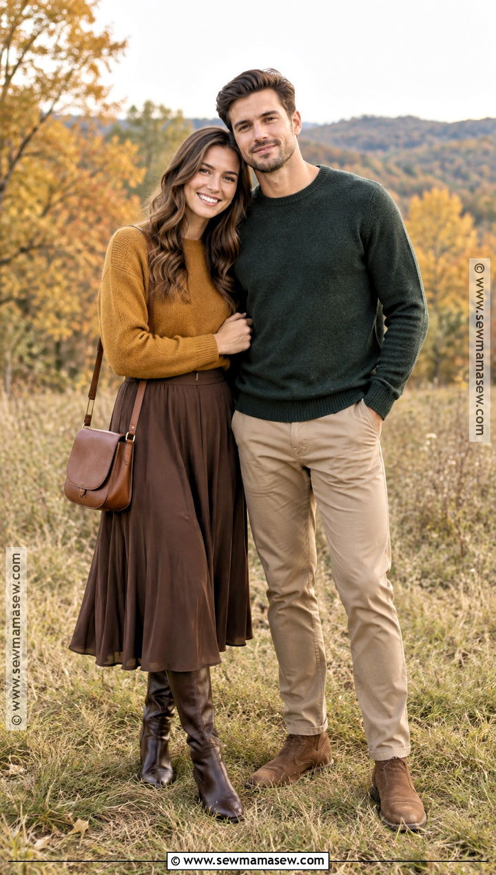 Mustard Sweater And Brown Skirt Autumn Engagement Photo Outfit - 20 autumn engagement photos outfits