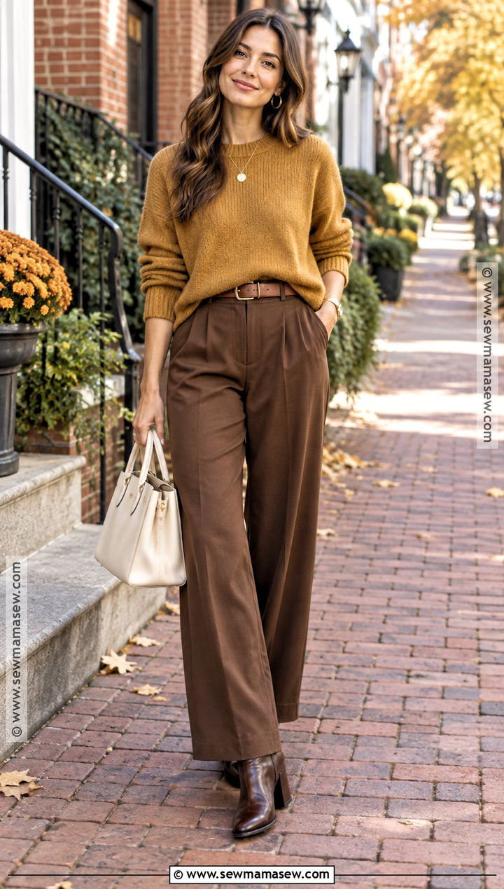 Mustard Sweater And Brown Trousers Fall Photo Shoot Outfit - 20 Fall Photo Shoot Outfits for Women