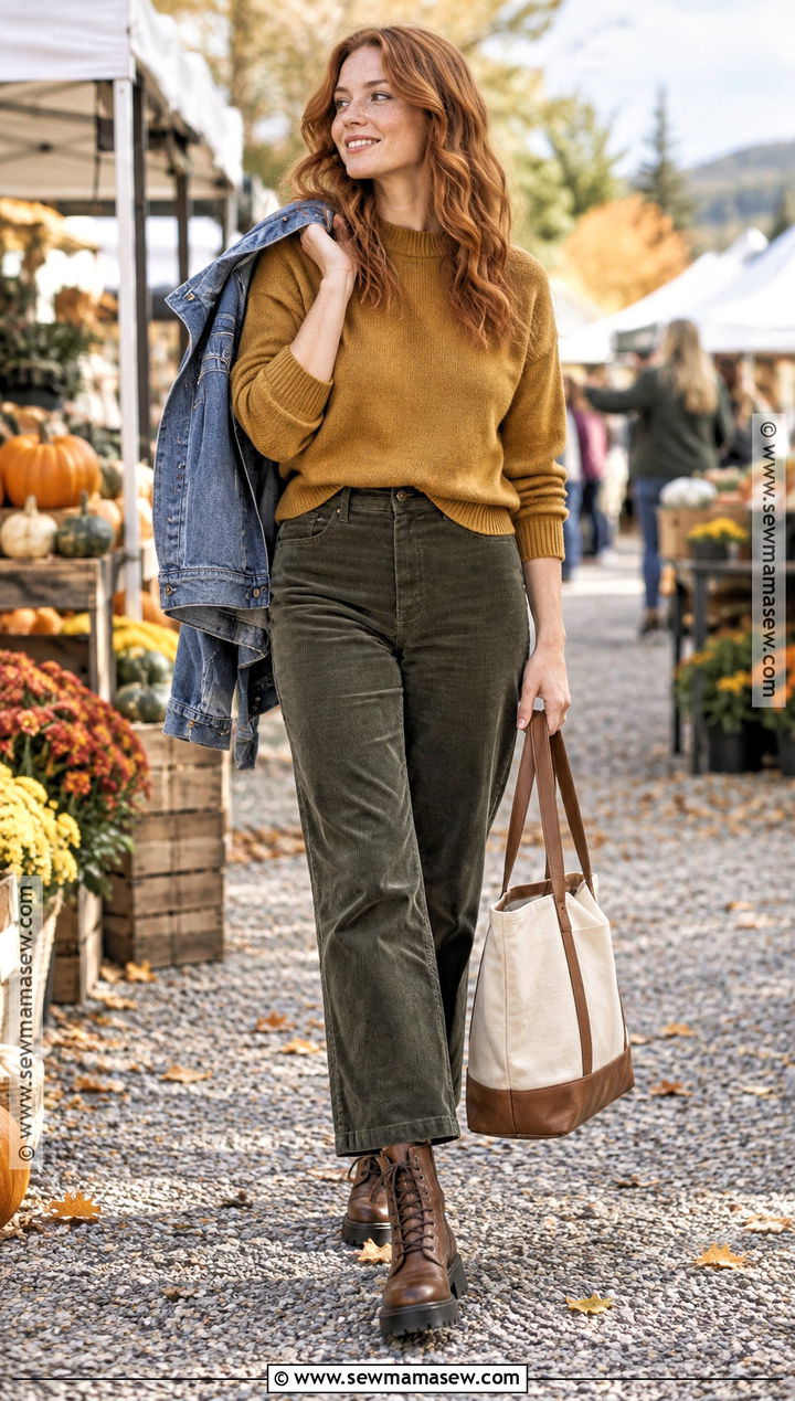 Mustard Sweater And Corduroy Pants Outfit - 15 red head fall outfit ideas