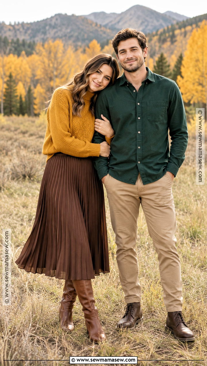 Mustard Sweater And Forest Green Shirt Fall Couples Photoshoot Outfit - 15 couples photoshoot fall outfit ideas