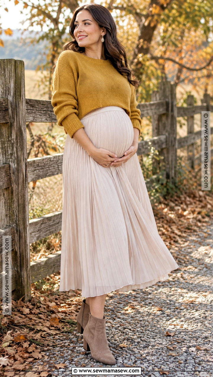 Mustard Sweater And Midi Skirt Photoshoot - 20 maternity fall outfits photoshoot