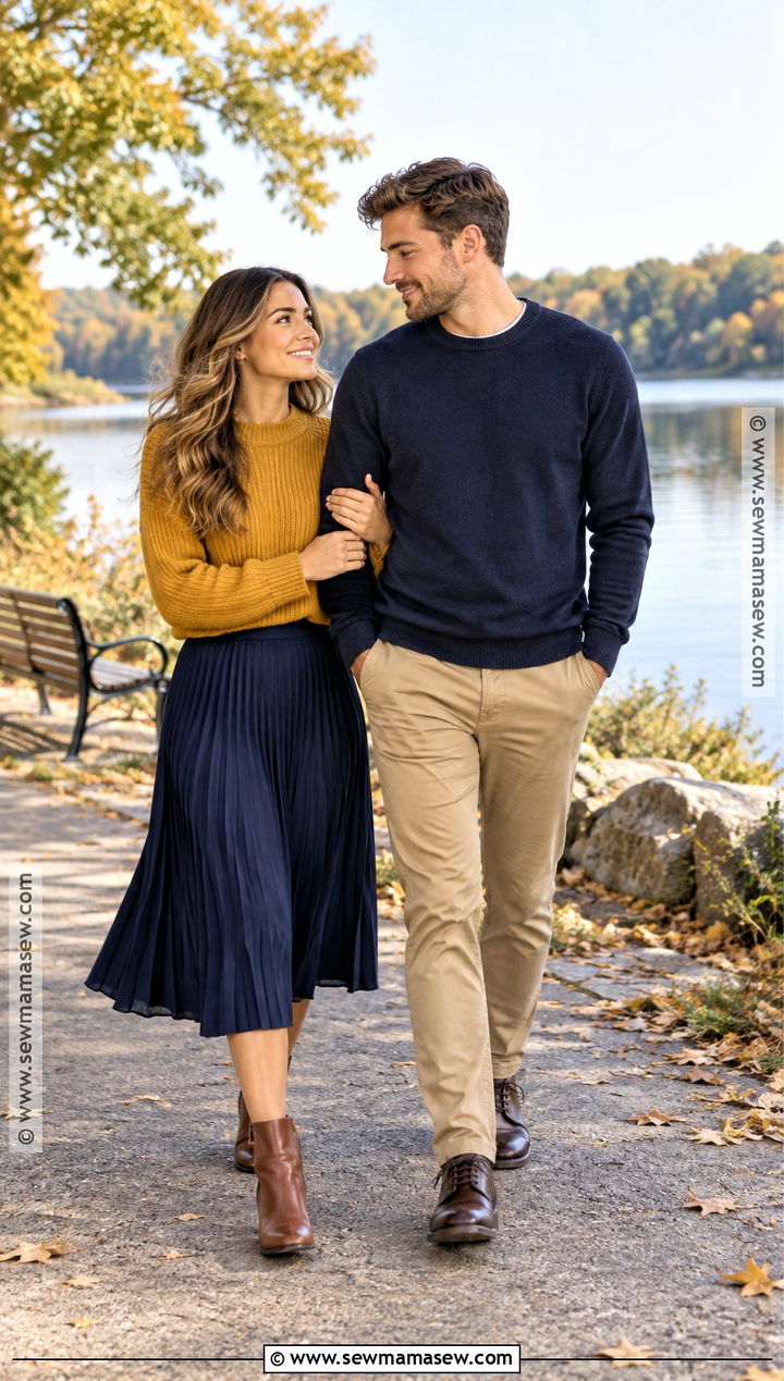 Mustard Sweater And Navy Pants Fall Couples Photo Outfit - 20 Fall Outfits Couples Photo Ideas