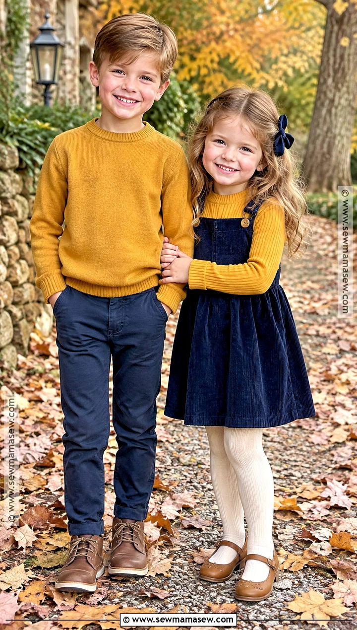 Mustard Sweater And Navy Sibling Fall Outfit - 15 sibling fall outfits