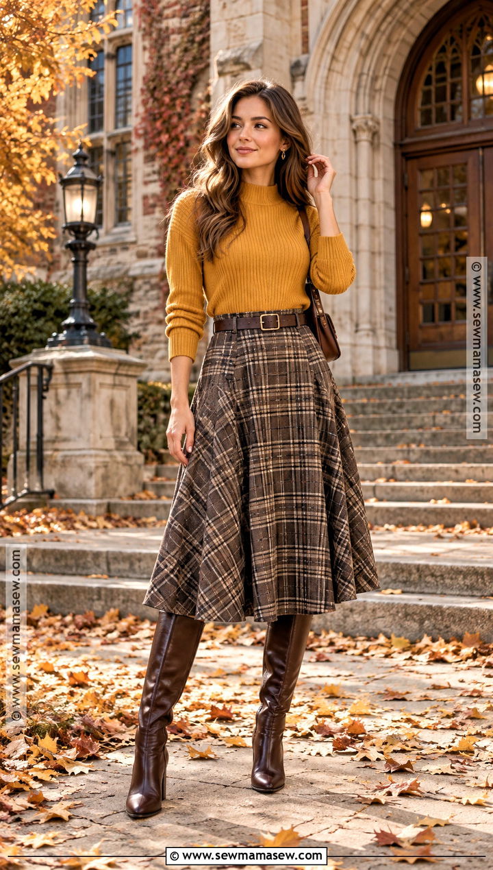 Mustard Sweater And Plaid Skirt Fall Photo Shoot Outfit - 30 fall photo shoot outfits