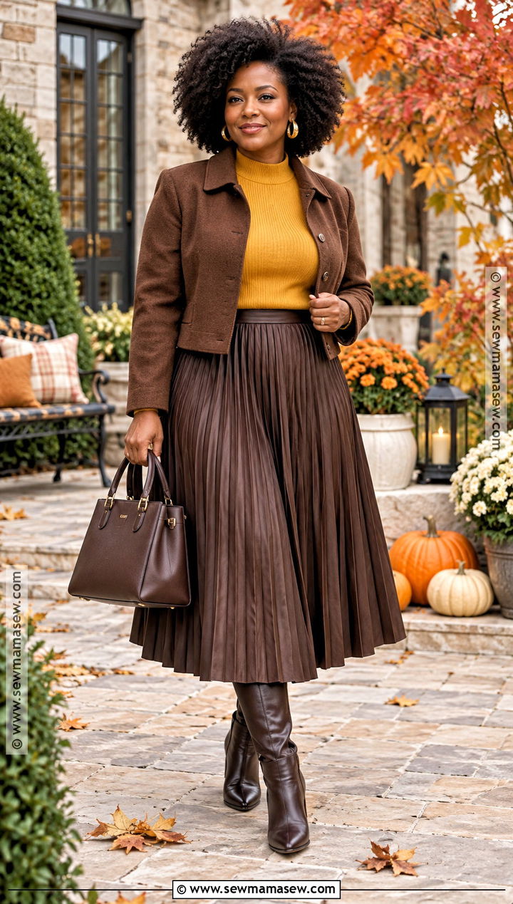 Mustard Sweater And Pleated Skirt Thanksgiving Outfit - 15 black woman thanksgiving outfit ideas