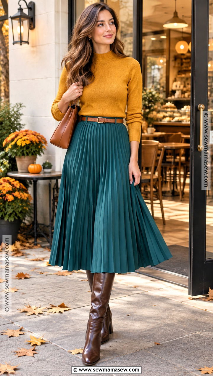 Mustard Sweater And Teal Midi Skirt Outfit - 15 Colorful Autumn Clothing Ideas