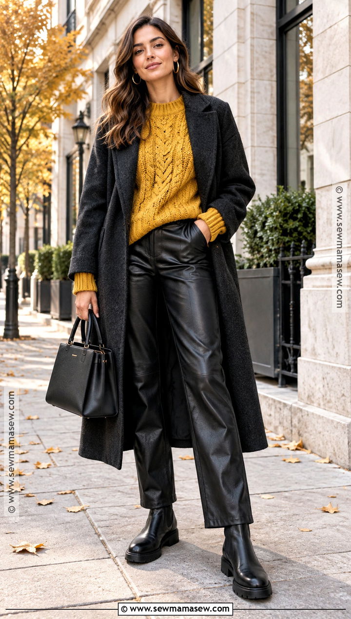 Mustard Sweater With Black Leather Pants - 15 Autumn Mustard Sweater Ideas