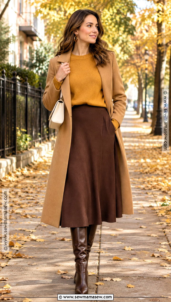 Mustard Sweater With Brown Midi Skirt - 20 autumn sweaters aesthetic