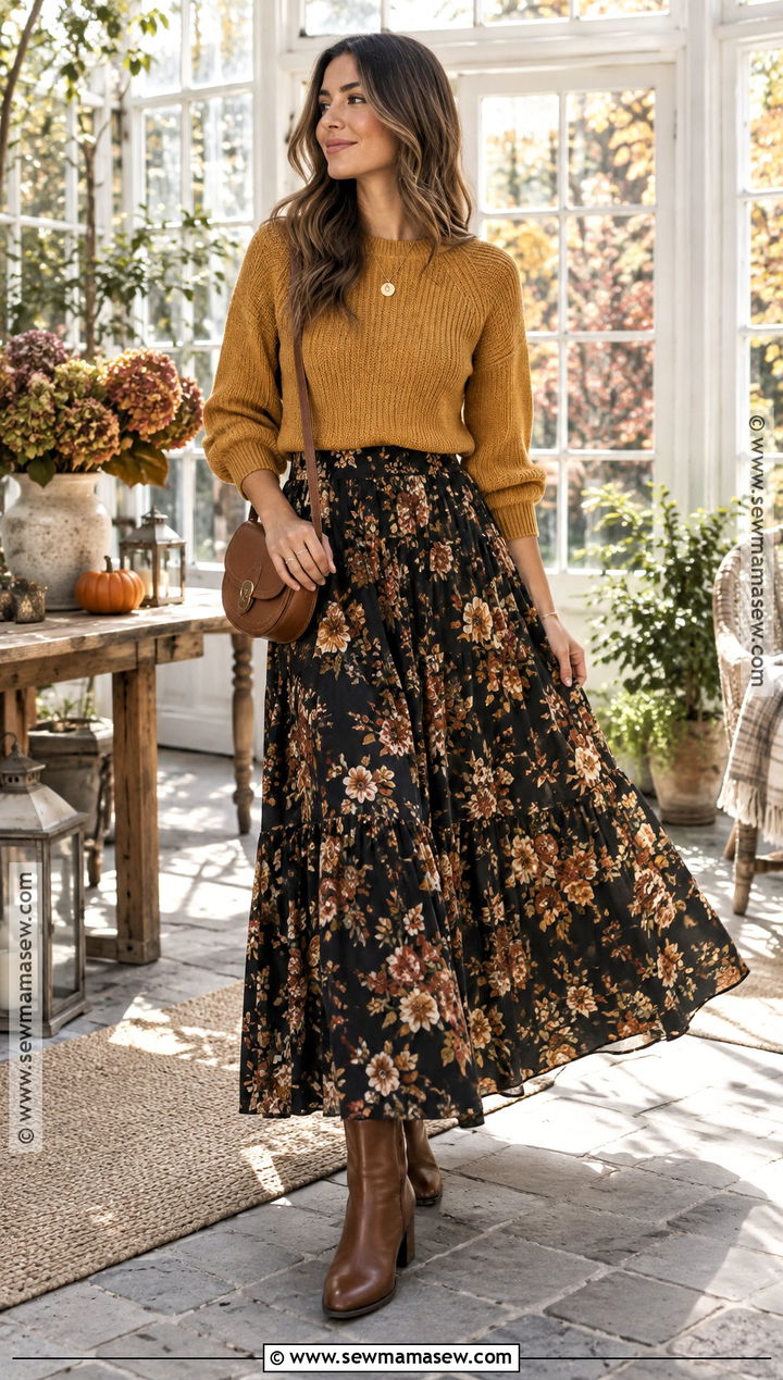 Mustard Sweater With Floral Maxi Skirt - 20 thanksgiving outfit sweater ideas