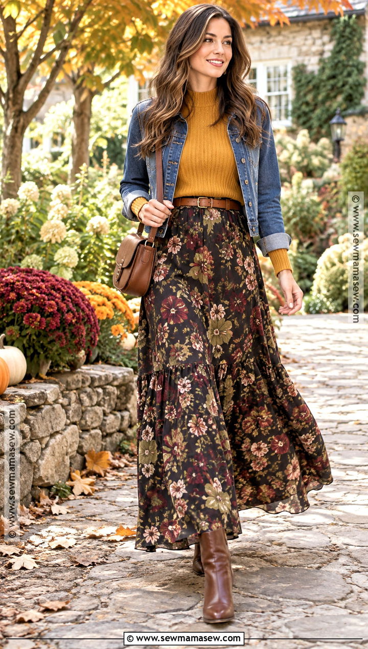 Mustard Sweater With Floral Maxi Skirt - 15 Autumn Mustard Sweater Ideas