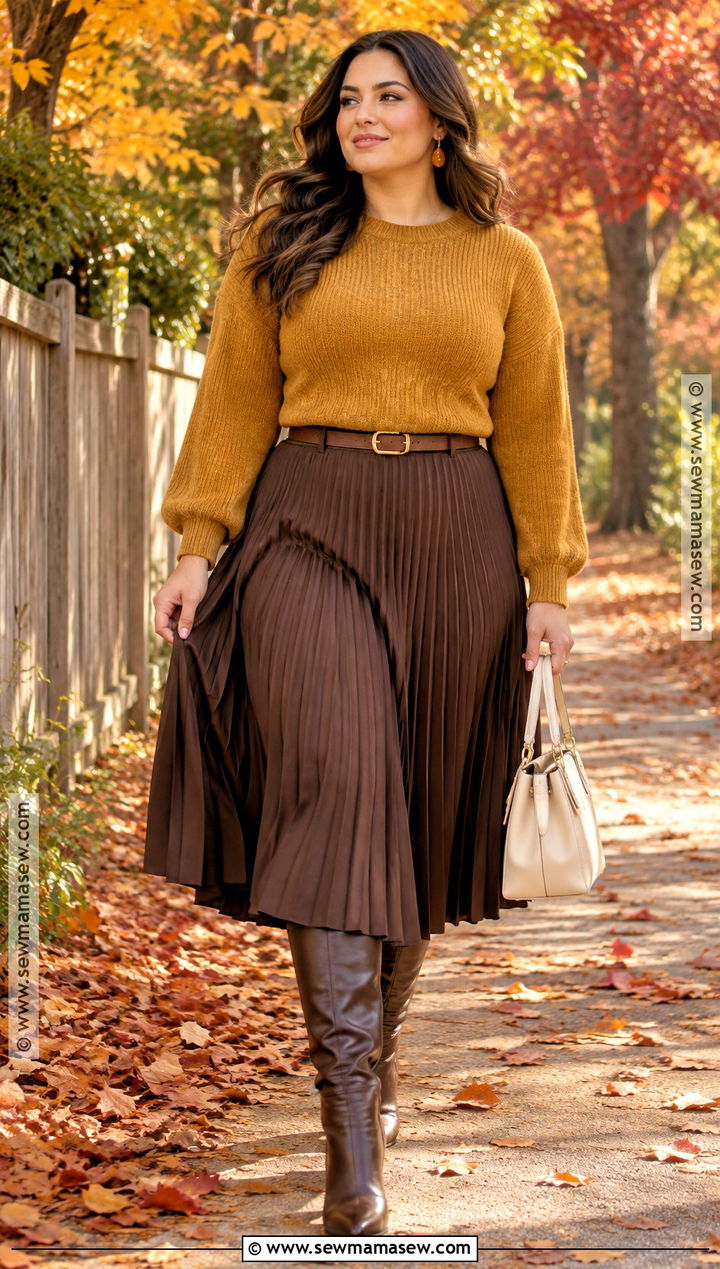 Mustard Sweater and Brown Midi Skirt Fall Photoshoot - 15 Cute Fall Outfits Photoshoot