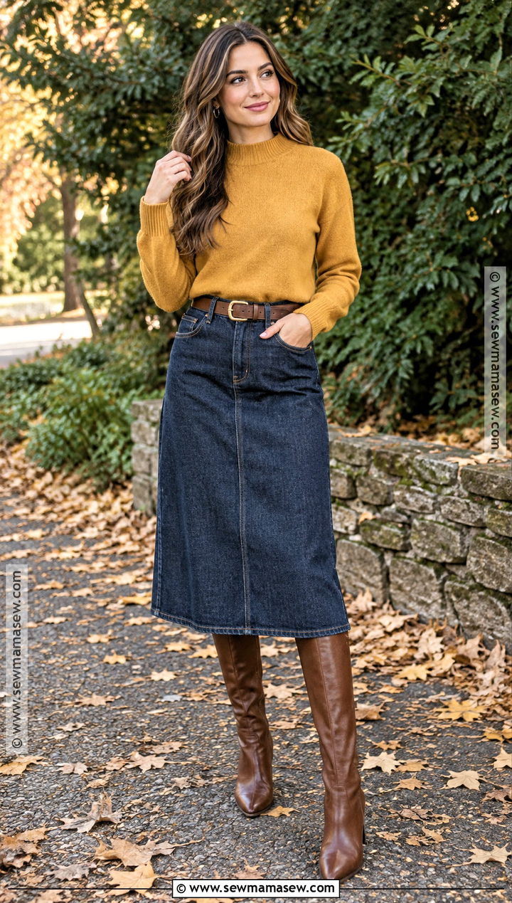 Mustard Sweater and Denim Skirt Fall Photoshoot Outfit - 25 Fall Photoshoot Outfits