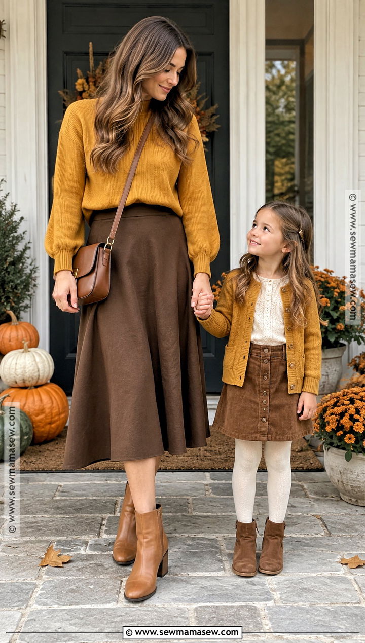 Mustard Sweaters and Brown Skirts Pumpkin Patch Outfit - 15 mom and daughter pumpkin patch outfits