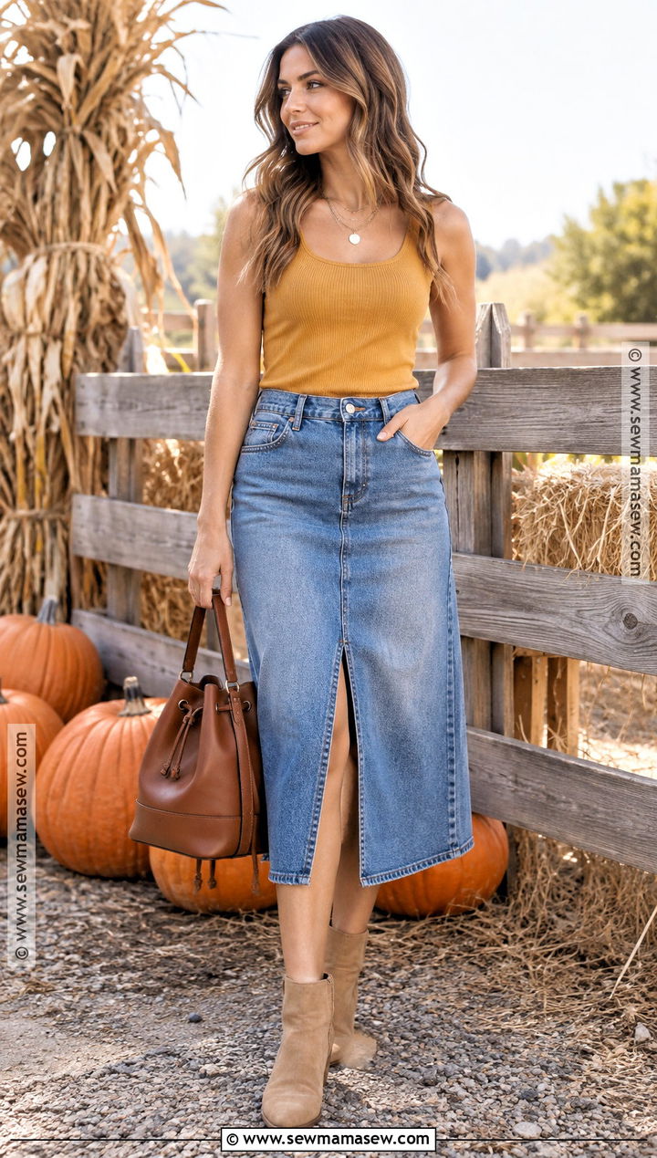 Mustard Tank And Denim Midi Skirt Pumpkin Patch Outfit - 25 Pumpkin Patch Outfit Hot Weather Ideas