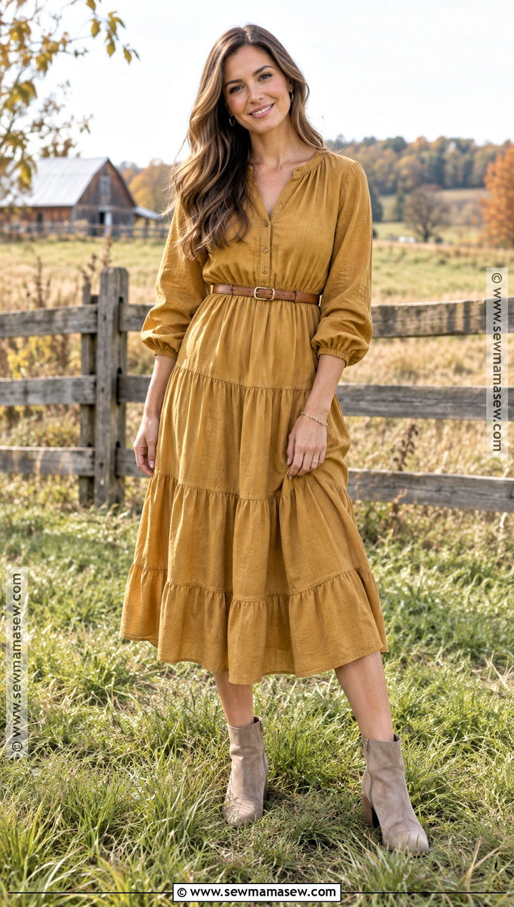 Mustard Tiered Dress And Neutral Boots For Fall Family Photos - 20 Fall Dress For Family Photos Ideas