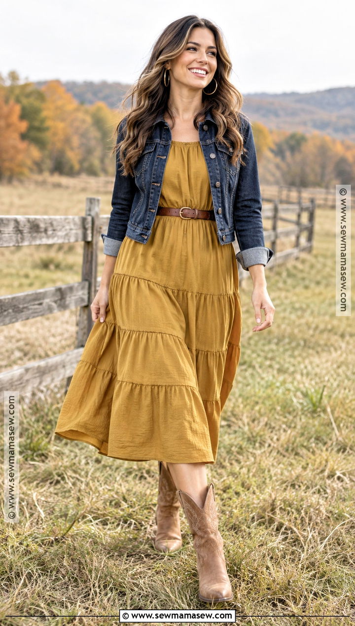 Mustard Tiered Dress With Western Boots - 15 fall engagement photos dress ideas