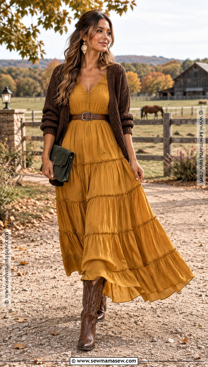Mustard Tiered Maxi Dress Country Wedding Guest Outfit - 15 country fall wedding outfit guest ideas