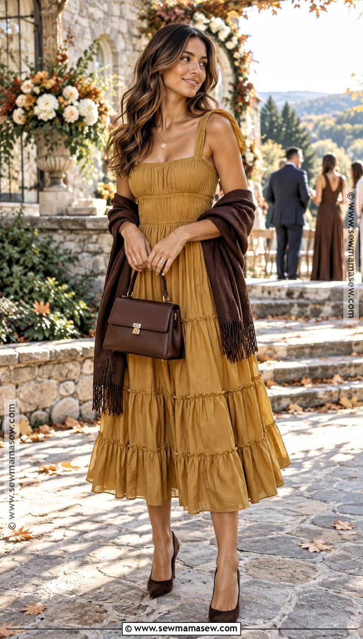 Mustard Tiered Midi Dress - 15 dress for wedding guest fall ideas