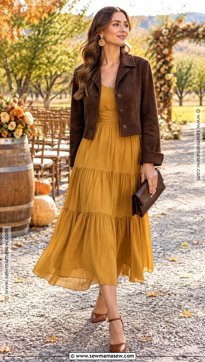 Mustard Tiered Midi Fall Wedding Guest Outfit - 15 Fall Wedding Guest Dress Casual Outdoor Ideas