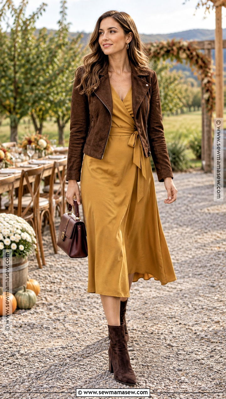 Mustard Wrap Dress and Suede Jacket Outfit - 15 fall rustic wedding guest outfit ideas