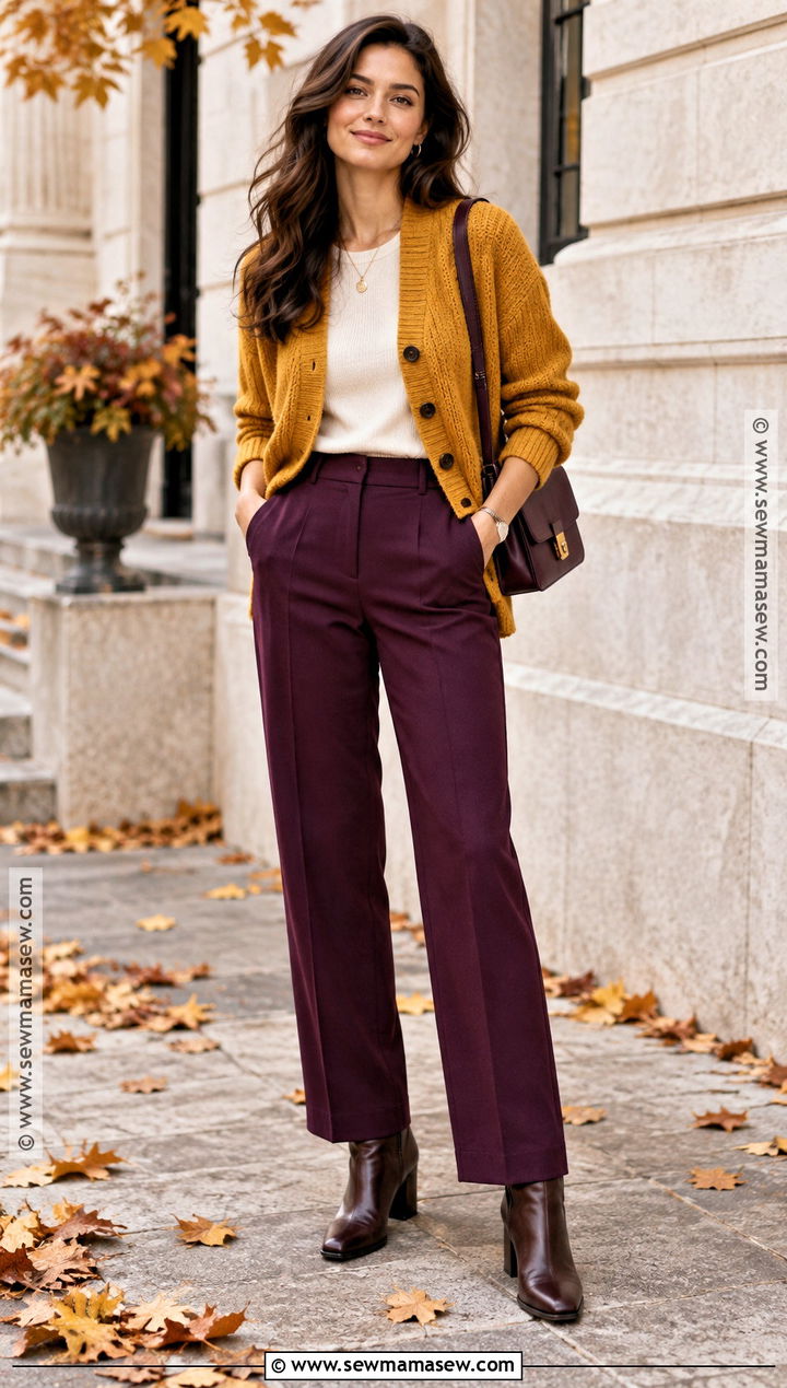 Mustard Yellow And Deep Plum Outfit - 15 Autumn Fashion Color Scheme Ideas