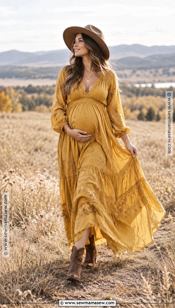 Mustard Yellow Boho Maternity Dress - 15 fall maternity dresses for photoshoot