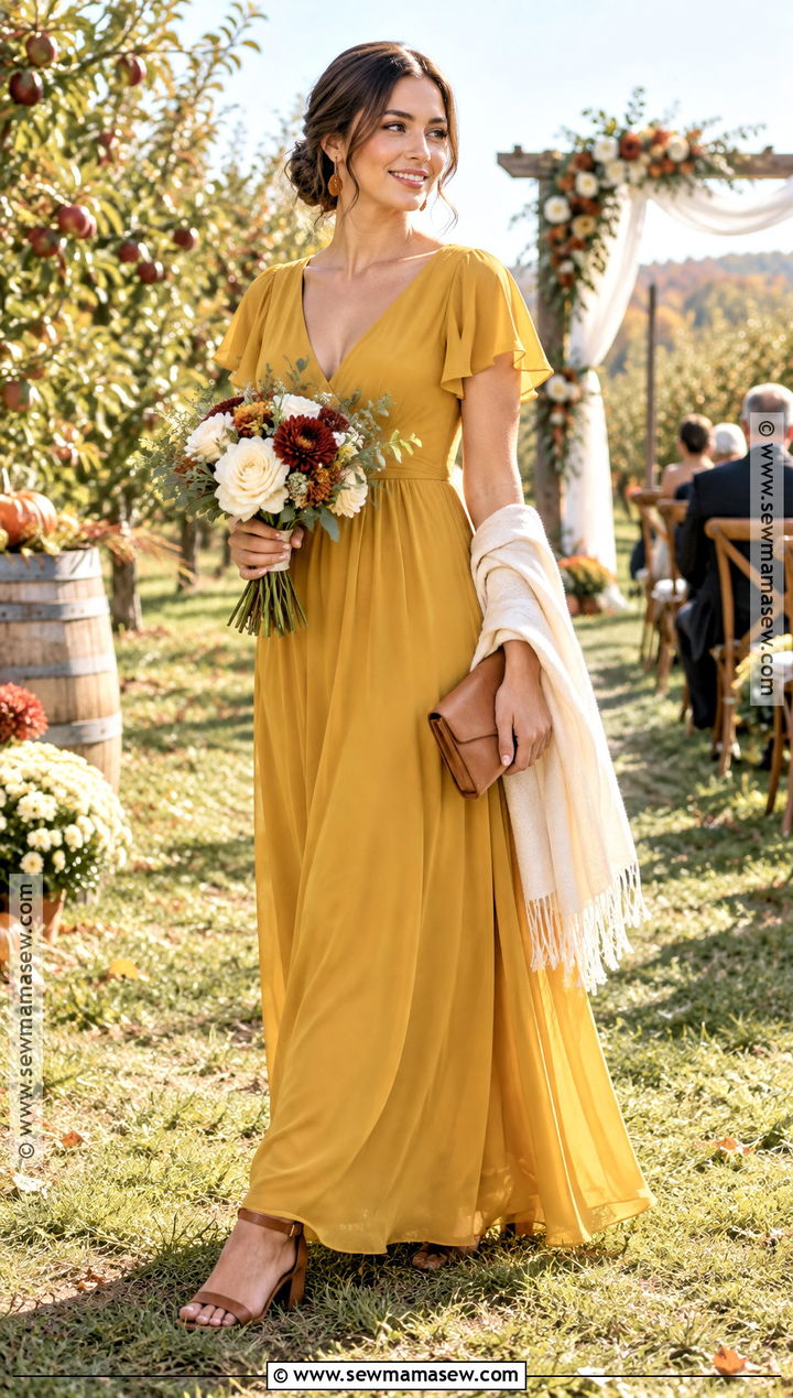 Mustard Yellow Bridesmaid Dress With Brown Sandals - 25 october bridesmaid dresses