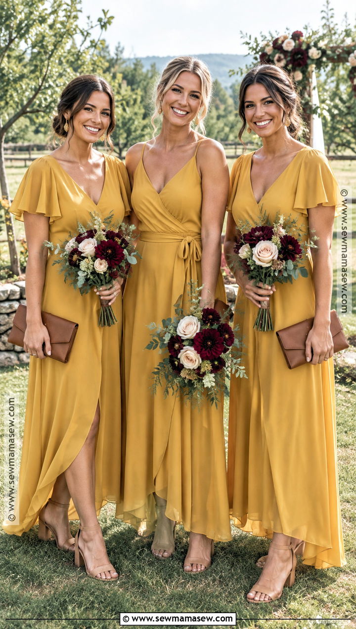 Mustard Yellow Bridesmaid Dresses With Burgundy Flowers - 20 wedding color schemes fall september bridesmaid dresses