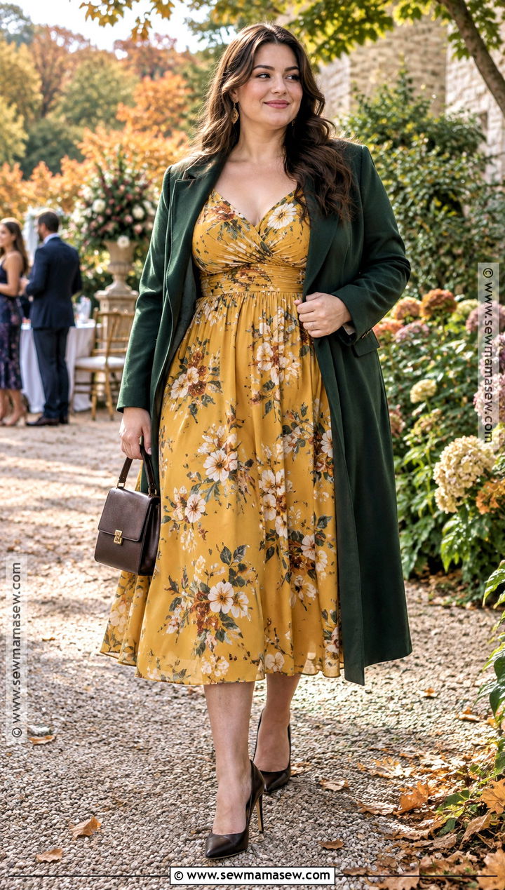 Mustard Yellow Floral Midi Dress - 15 october wedding guest dress ideas for plus size