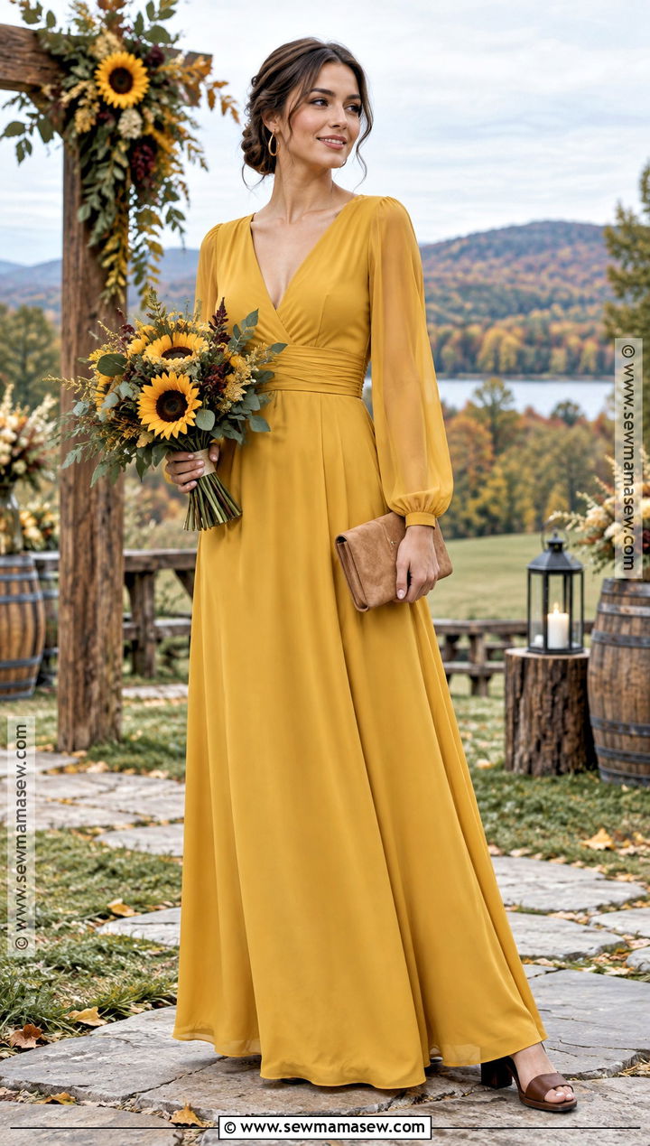 Mustard Yellow Long Sleeve Bridesmaid Dress - 15 fall sunflower wedding theme bridesmaid dresses