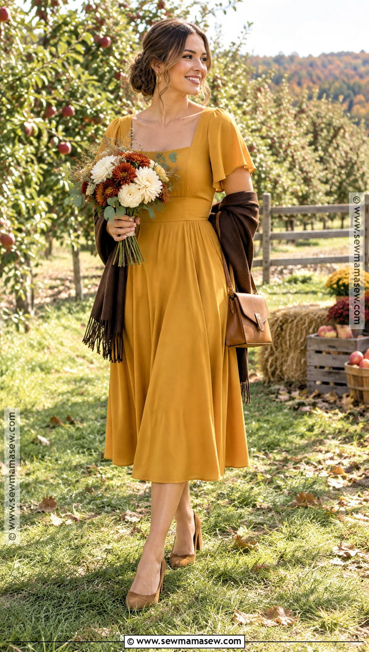 Mustard Yellow Midi Bridesmaid Dress - 15 Fall Rustic Bridesmaid Dresses