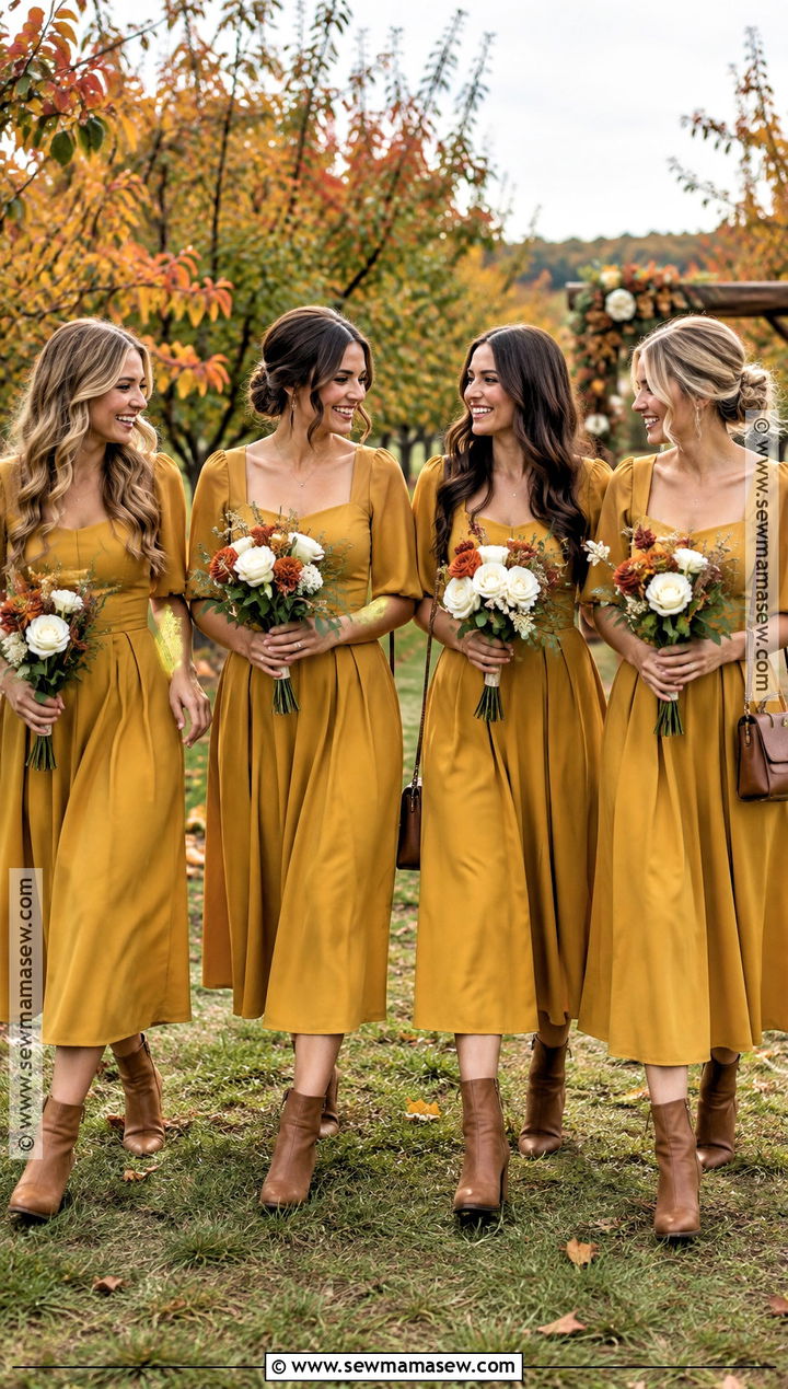 Mustard Yellow Midi Bridesmaid Dresses - 15 october wedding ideas outdoor bridesmaid dresses