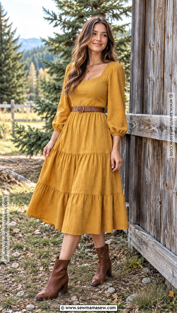 Mustard Yellow Midi Dress Outfit - 20 fall dresses for family pictures