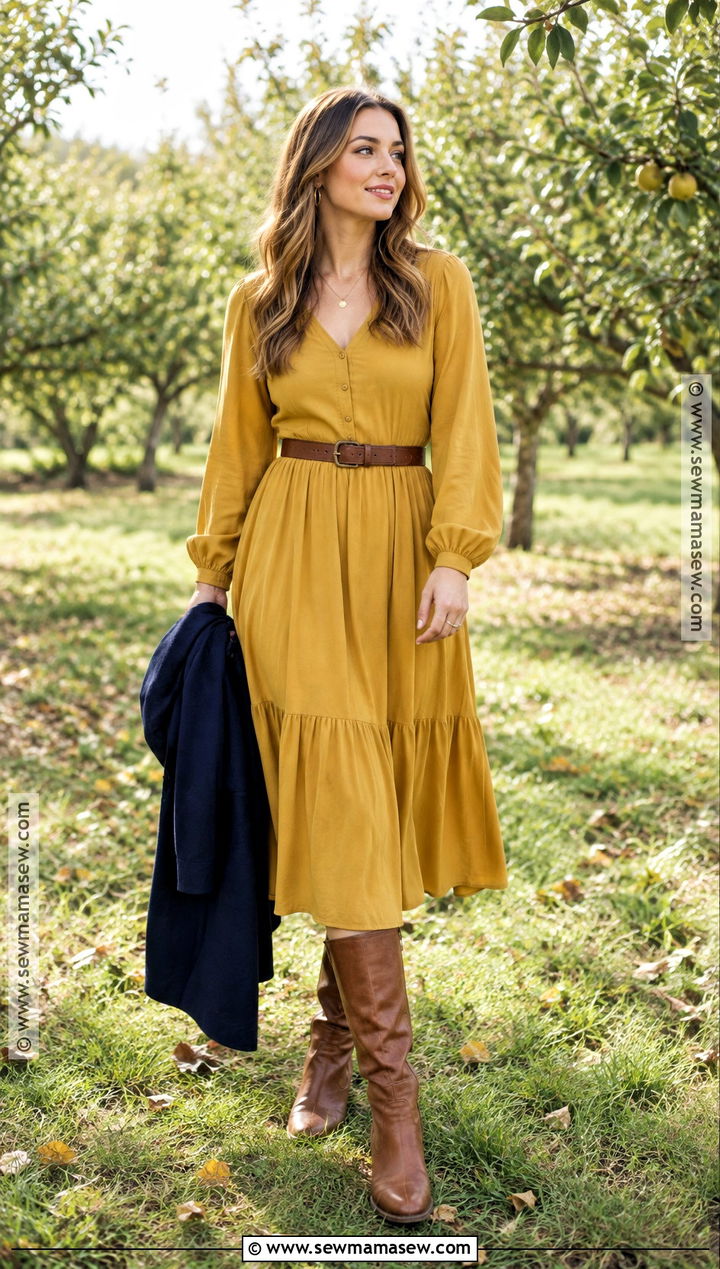Mustard Yellow Midi Dress for Fall Engagement Photos - 15 engagement photo dress fall ideas