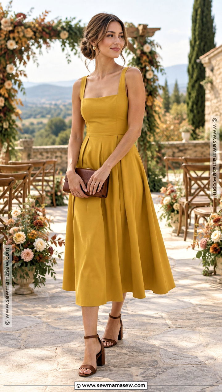 Mustard Yellow Midi Fall Wedding Guest Dress - 25 fall dresses to wear to a wedding