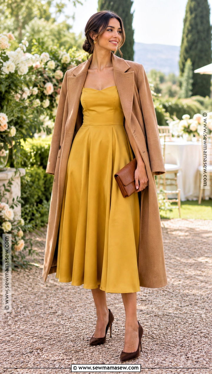 Mustard Yellow Midi Wedding Guest Dress - 15 Fall Color Dresses For Wedding