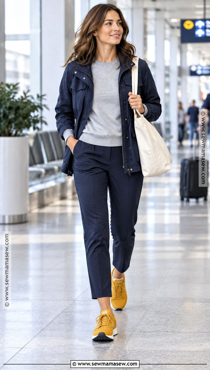 Mustard Yellow Sneakers With Navy Pants and Gray Sweatshirt - 15 Fall Color Sneakers