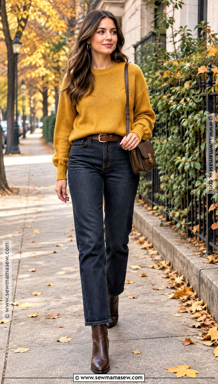Mustard Yellow Sweater With Jeans And Ankle Boots - 15 yellow fall fashion ideas