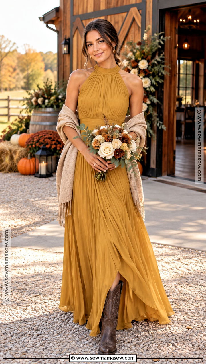 Mustard Yellow Western Bridesmaid Dress With Brown Boots - 15 Western Fall Bridesmaid Dresses