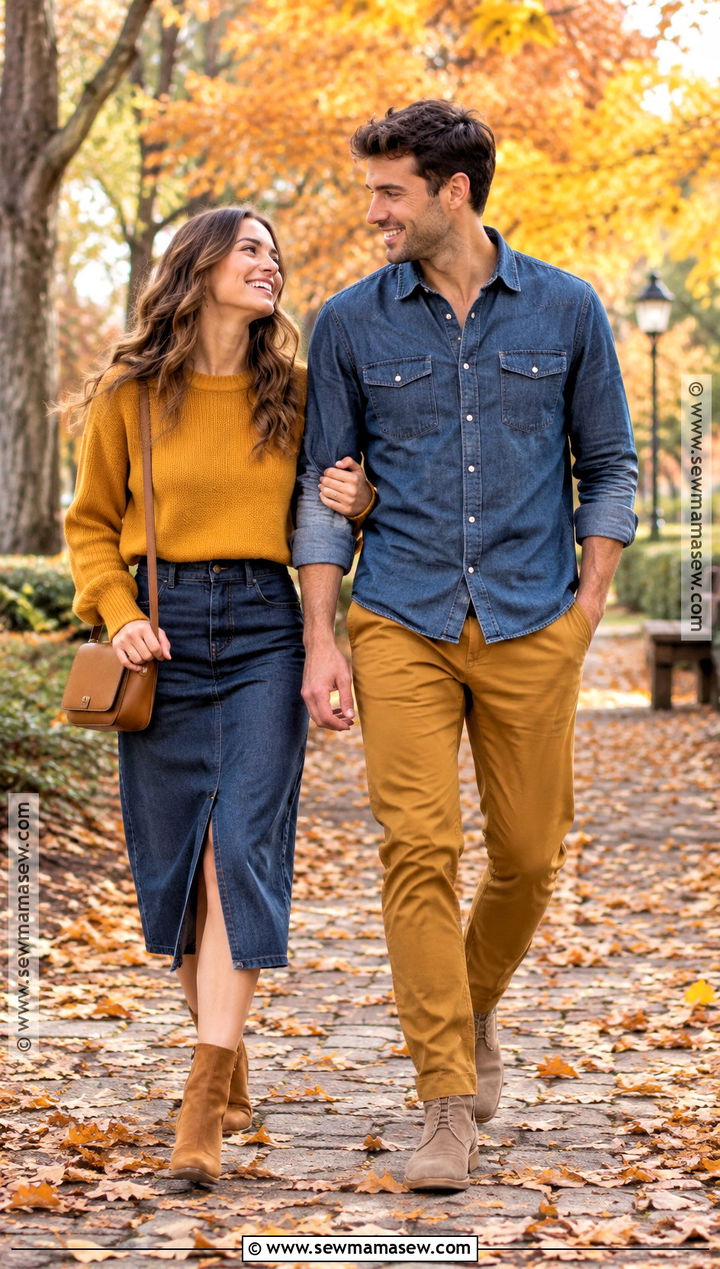 Mustard and Denim Blue Fall Couple Photo Outfits - 15 Fall Couple Photo Outfits Color Combos