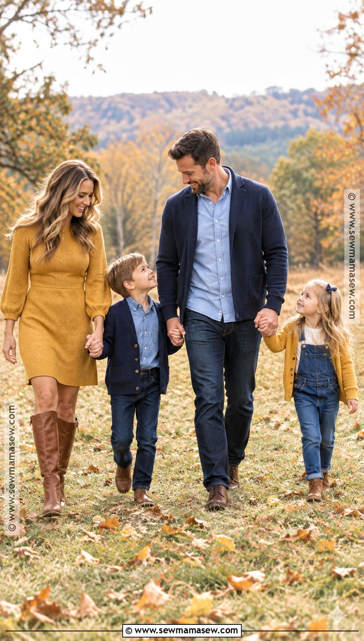 Mustard and Denim Family Photo Outfits - 15 fall photoshoot outfits family of 4