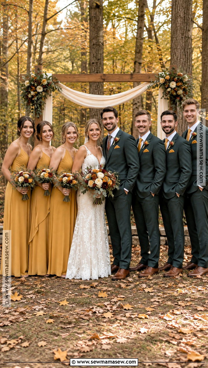 Mustard and Forest Green Fall Wedding Party Attire - 15 fall wedding party attire color palettes ideas