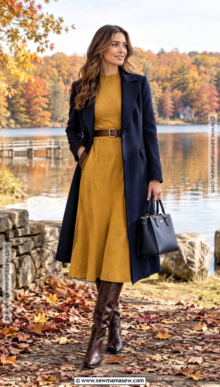 Mustard and Navy Dress Outfit - 15 Fall Outfit Photoshoot Color Schemes Ideas